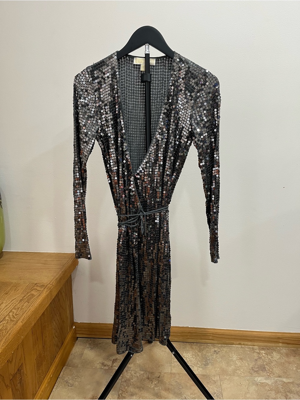 Michael Kors Gunmetal Sequin Faux-Wrap Long Sleeve Dress